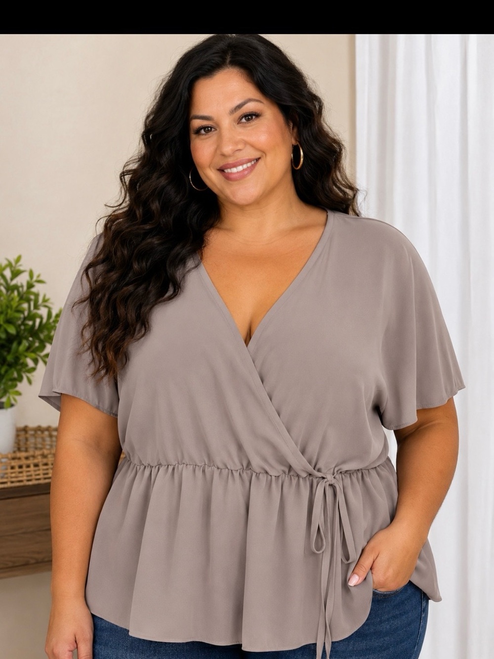 Plus Size Taupe Surplice Tie-Waist not adjustable Blouse